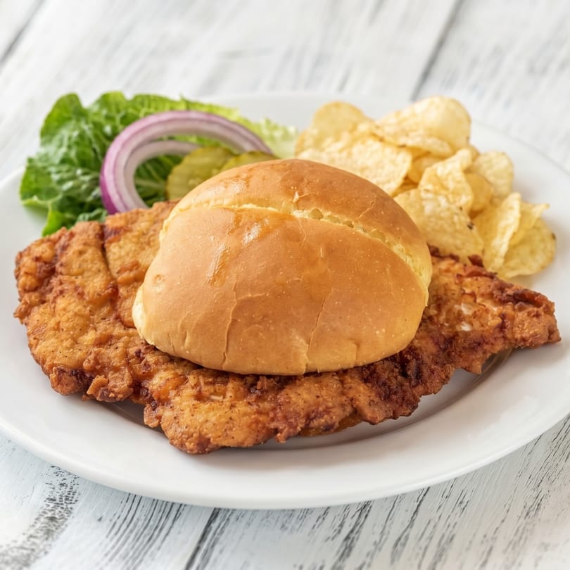 Crispy fried chicken sandwich on a bun with lettuce, red onion, pickles, and potato chips.