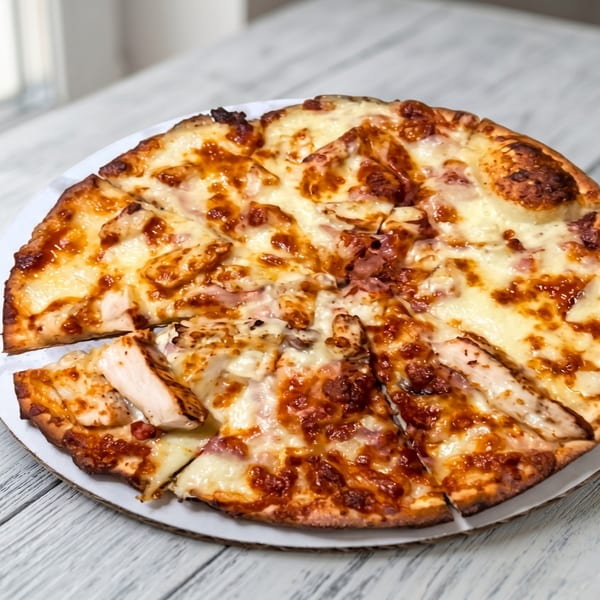 A whole BBQ chicken pizza, sliced, with melted cheese and a missing slice on a white plate.
