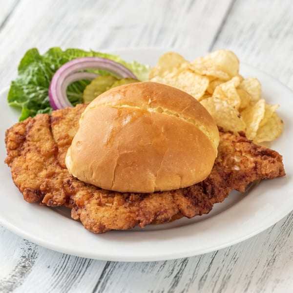 Fried chicken sandwich on a bun with lettuce, red onion, pickles, and potato chips.