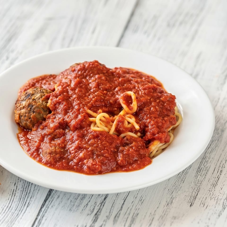 Spaghetti with a rich red marinara sauce and a large meatball on a white plate.