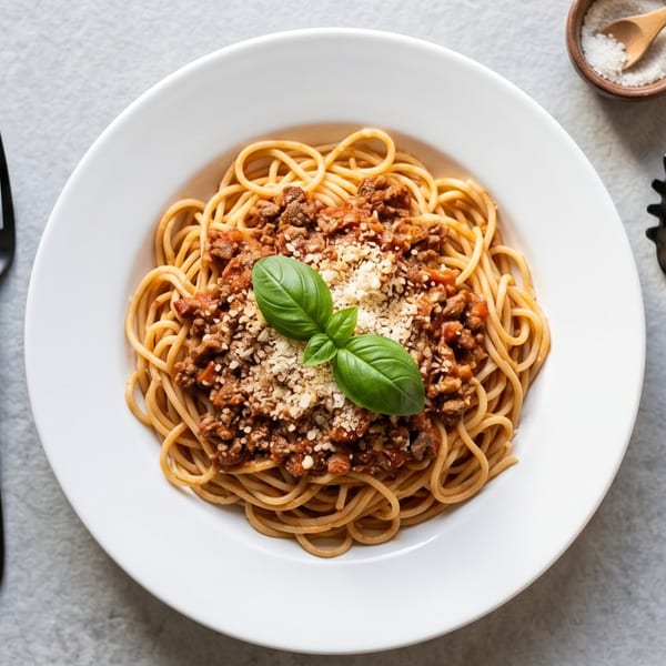 Spaghetti bolognese with ground meat sauce, grated cheese, and fresh basil on a white plate.