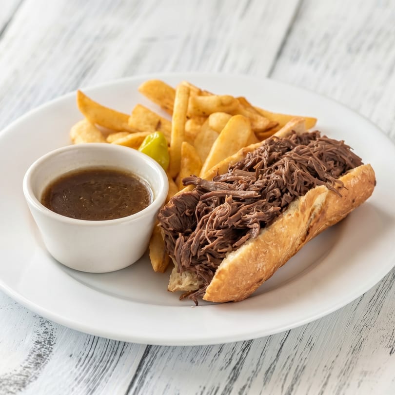 A French dip sandwich with shredded beef, a side of fries, and a cup of au jus.