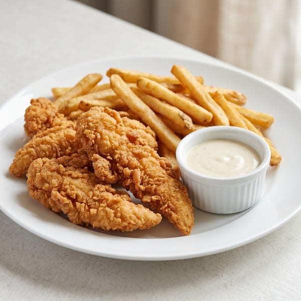 Crispy chicken tenders, golden french fries, and a side of dipping sauce on a white plate.