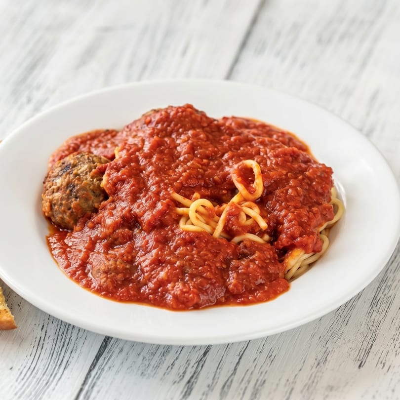 Spaghetti with a rich red marinara sauce and a large meatball on a white plate.